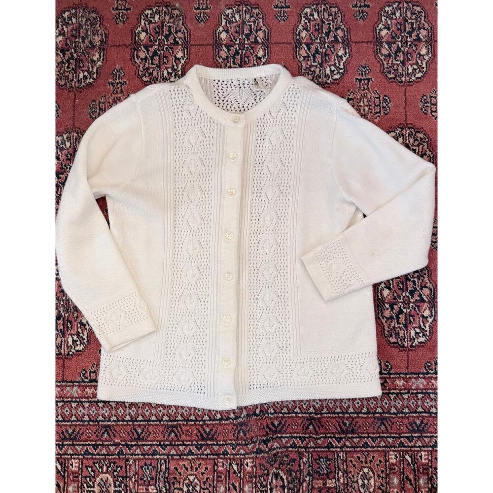 70s Sidney Gould "Pure Gould" Pointelle Knit Cardigan - White Lace -‎ USA Made
